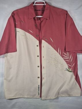 BAMBOO Men's Red and Cream Short-Sleeve Camp Shirt